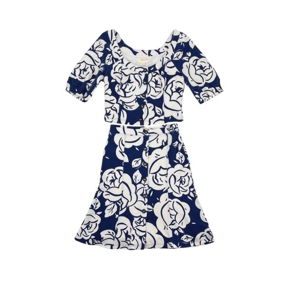 Anthropologie Maeve Amiens Blue Floral Midi Flared Skirt Top Set Womens Medium - Picture 2 of 12